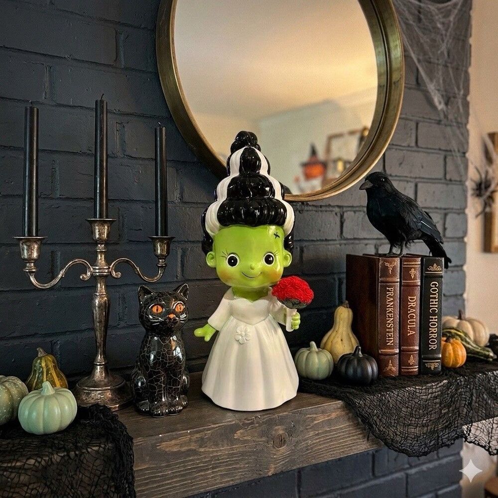 Bride of Frankenstein Figurine Cute Chibi Halloween Decor Resin 12” Retro Style
